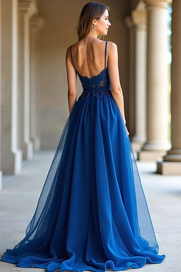 Une ligne bleu foncé spaghetti bretelles sweetheart robe longue de bal